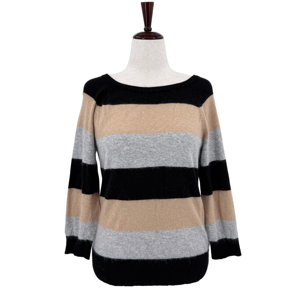 Kenar Womens XL Angora Blend‎ Striped Boat Neck Back Zip Sweater Black Tan Grey
